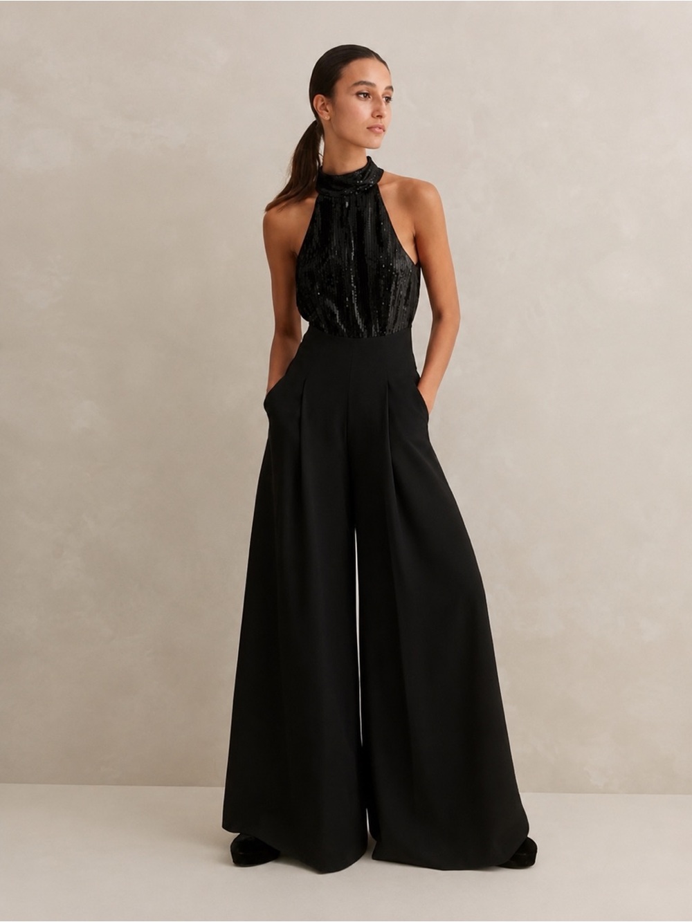 ▪️Me+Em Silk Sequin Halterneck Wide Leg Jumpsuit Elegant Evening Formal Palazzo